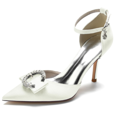 Ivory Rhinestones Circle Buckle Satin Heels Ankle Strap D'orsay Shoes