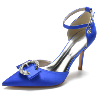 Royal Blue Rhinestones Circle Buckle Satin Heels Ankle Strap D'orsay Shoes