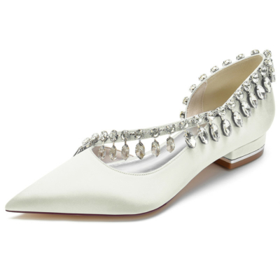 Ivory Rhinestone Cross Strap Satin Flats D'orsay Women's Shoes For Dance