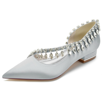 Grey Rhinestone Cross Strap Satin Flats D'orsay Women's Shoes For Dance