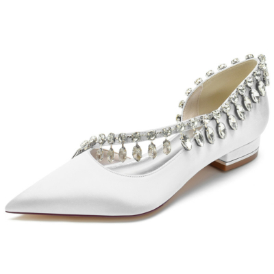 White Rhinestone Cross Strap Satin Flats D'orsay Women's Shoes For Dance