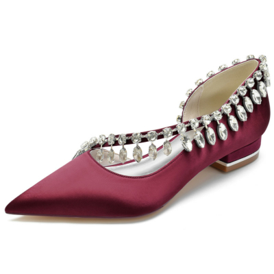 Burgundy Rhinestone Cross Strap Satin Flats D'orsay Women's Shoes For Dance
