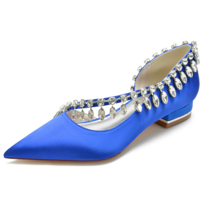 Royal Blue Rhinestone Cross Strap Satin Flats D'orsay Women's Shoes For Dance