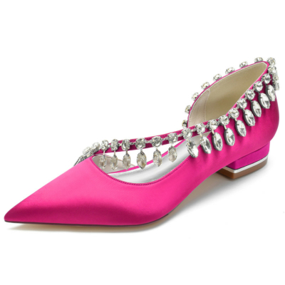 Magenta Rhinestone Cross Strap Satin Flats D'orsay Women's Shoes For Dance