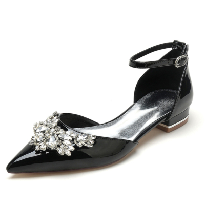 Black Rhinestones D'orsay Flats Anke Strap Comfy Dresses Pumps Shoes