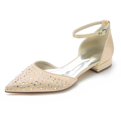 Champagne Rhinestones Embellished D'orsay Flats Ankle Strap Jeweled Flat Shoes For Wedding