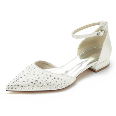 Beige Rhinestones Embellished D'orsay Flats Ankle Strap Jeweled Flat Shoes For Wedding