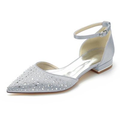 Silver Rhinestones Embellished D'orsay Flats Ankle Strap Jeweled Flat Shoes For Wedding