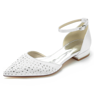 White Rhinestones Embellished D'orsay Flats Ankle Strap Jeweled Flat Shoes For Wedding