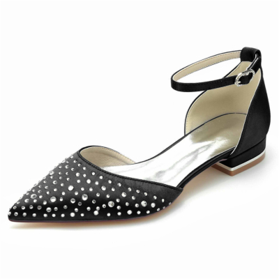 Black Rhinestones Embellished D'orsay Flats Ankle Strap Jeweled Flat Shoes For Wedding