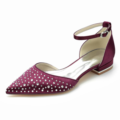 Burgundy Rhinestones Embellished D'orsay Flats Ankle Strap Jeweled Flat Shoes For Wedding
