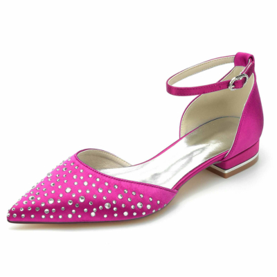 Magenta Rhinestones Embellished D'orsay Flats Ankle Strap Jeweled Flat Shoes For Wedding