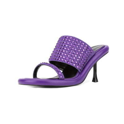 Purple Rhinestones Embellished Mules Sandals Spoole Heel Slide Sandals