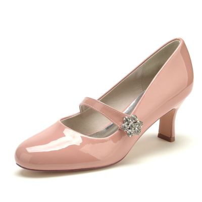 Pink Rhinestones Mary Jane Dress Pumps Round Toe Block Low Heels for Dance