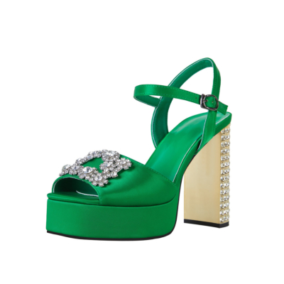 Green Satin Rhinestones Platform Sandals Jeweled Chunky Heels Buckle Party Sandals