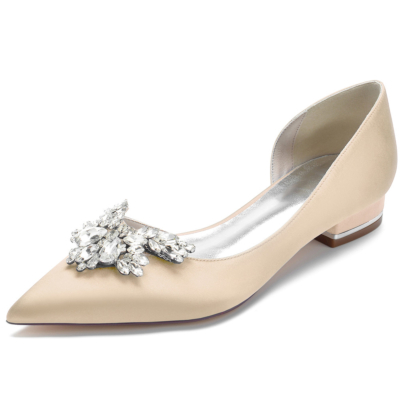 Champagne Rhinestones Pointy Toe Satin Flats Side Cut Jeweled Dress Shoes