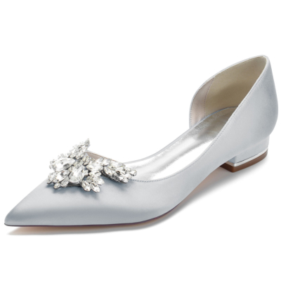 Silver Rhinestones Pointy Toe Satin Flats Side Cut Jeweled Dress Shoes
