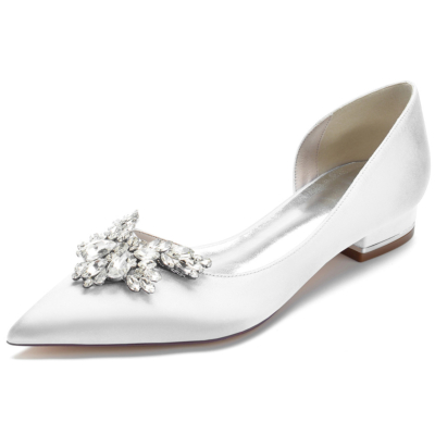 White Rhinestones Pointy Toe Satin Flats Side Cut Jeweled Dress Shoes
