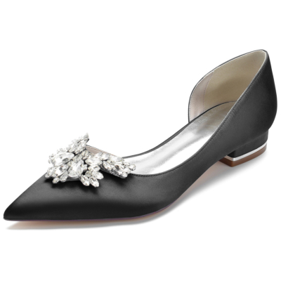 Black Rhinestones Pointy Toe Satin Flats Side Cut Jeweled Dress Shoes
