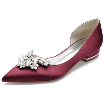Burgundy Rhinestones Pointy Toe Satin Flats Side Cut Jeweled Dress Shoes