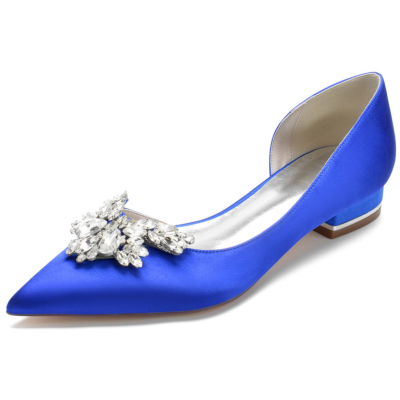 Royal Blue Rhinestones Pointy Toe Satin Flats Side Cut Jeweled Dress Shoes