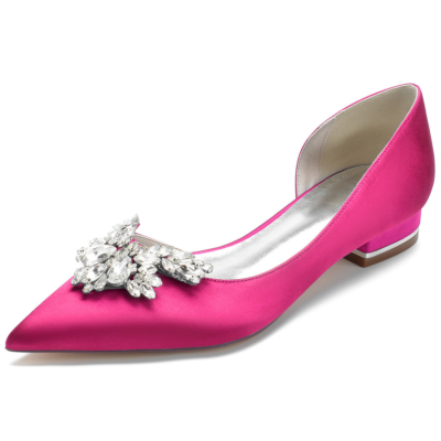 Magenta Rhinestones Pointy Toe Satin Flats Side Cut Jeweled Dress Shoes
