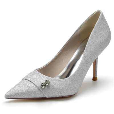 Silver Rhinestones Sequins Glitter Pumps Heels Women's Bridal Shoes