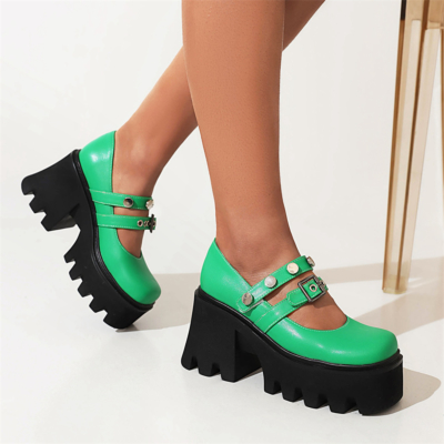 Y2K Rivet Platform Chunky Mary Jane Heels Double Strap Buckle Block Heel Shoes