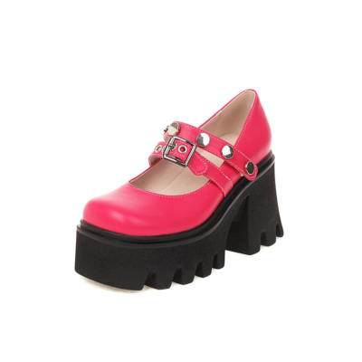 Pink Rivet Platform Chunky Mary Jane Heels Double Strap Buckle Block Heel Y2K Shoes