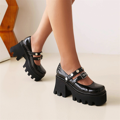 Black Rivet Platform Chunky Mary Jane Heels Double Strap Buckle Block Heel Y2K Shoes