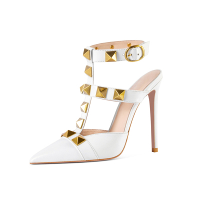 White Rivet Slingback Heels Pumps Pointed Toe Studded T-Strap Dress Shoes