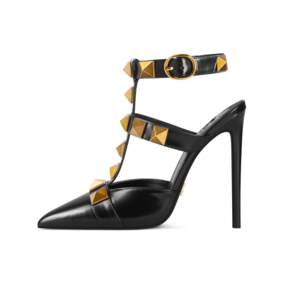 Black Rivet Slingback Heels Pumps Pointed Toe Studded T-Strap Dress Shoes