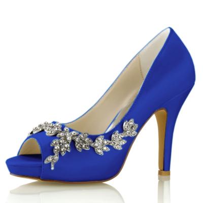 Royal Blue Satin Peep Toe Wedding Shoes Rhinestone Flowers Stiletto Heel Platform Pumps