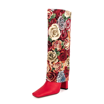 Red Rose Flower Embroidery Fold over Knee High Boots Chunky Heel Square Toe Booties