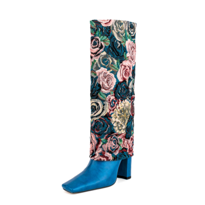 Blue Rose Flower Embroidery Fold over Knee High Boots Chunky Heel Square Toe Booties