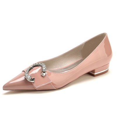 Pink Round Jewelled Buckle Flats Pumps Pointed Toe Dresses Shoes for Women
