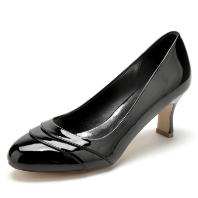 Black Round Toe Comfy Work Pumps Shoes with Block Low Heels