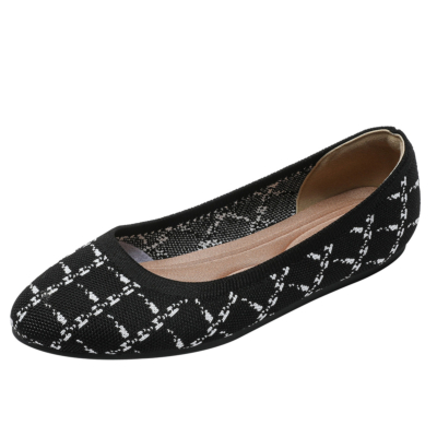 Black Striped Round Toe Leopard Print Flat Shoes Comfy Walking Women's Flats