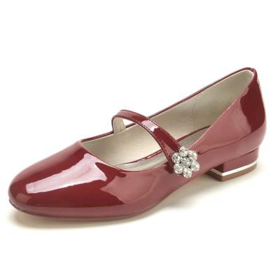 Burgundy Round Toe Mary Jane Ballet Flats Rhinestone Flower Buckle Shoes