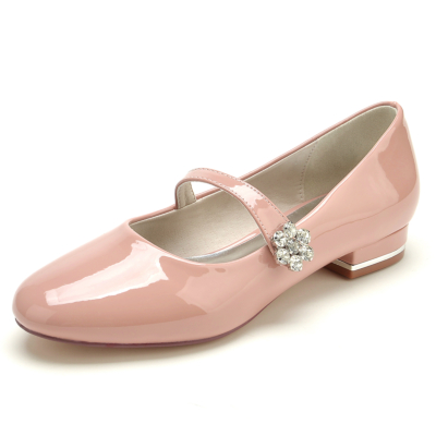 Pink Round Toe Mary Jane Ballet Flats Rhinestone Flower Buckle Shoes