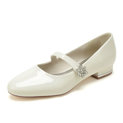 Beige Round Toe Mary Jane Ballet Flats Rhinestone Flower Buckle Shoes