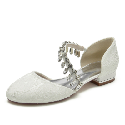 Ivory Round Toe Rhinestone Fringe Lace Wedding Flat Shoes