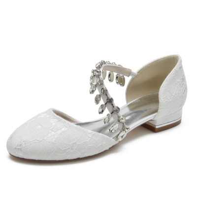 Round Toe Rhinestone Fringe Lace Wedding Flat Shoes