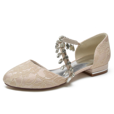 Champange Round Toe Rhinestone Fringe Lace Wedding Flat Shoes
