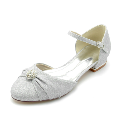 Silver Round Toe Rhinestone Ruffle Tie Glitter Flat Ankle Strap Wedding Shoes
