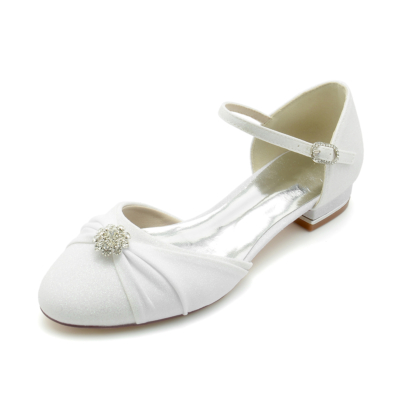 Round Toe Rhinestone Ruffle Tie Glitter Flat Ankle Strap Wedding Shoes
