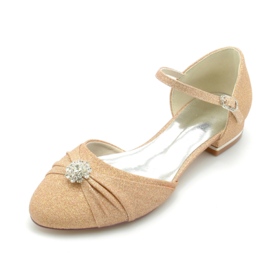 Gold Round Toe Rhinestone Ruffle Tie Glitter Flat Ankle Strap Wedding Shoes