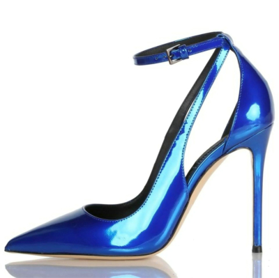 Royal Blue Metallic Heels Pointy Toe Stilettos Ankle Strap Pumps