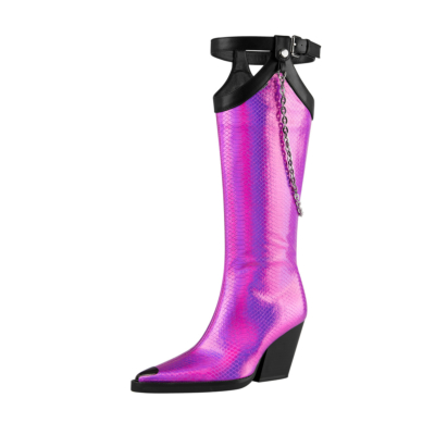 Pink Python Printed Belt Pointed Toe Block Heel Knee High Boots