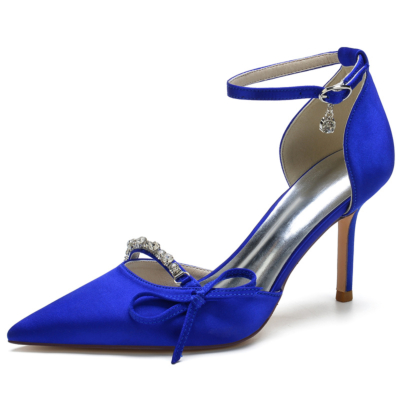 Royal Blue Satin  Ankle Strap Rhinestone Pointed Toe Stiletto Wedding Pumps